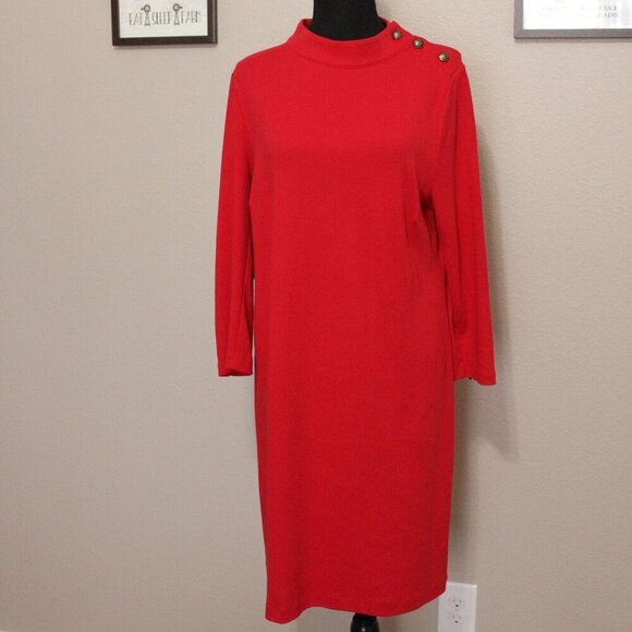 Talbots Womens Button Detail Cotton Knit Shift Dress Long Sleeve Red Size Large - Picture 1 of 9